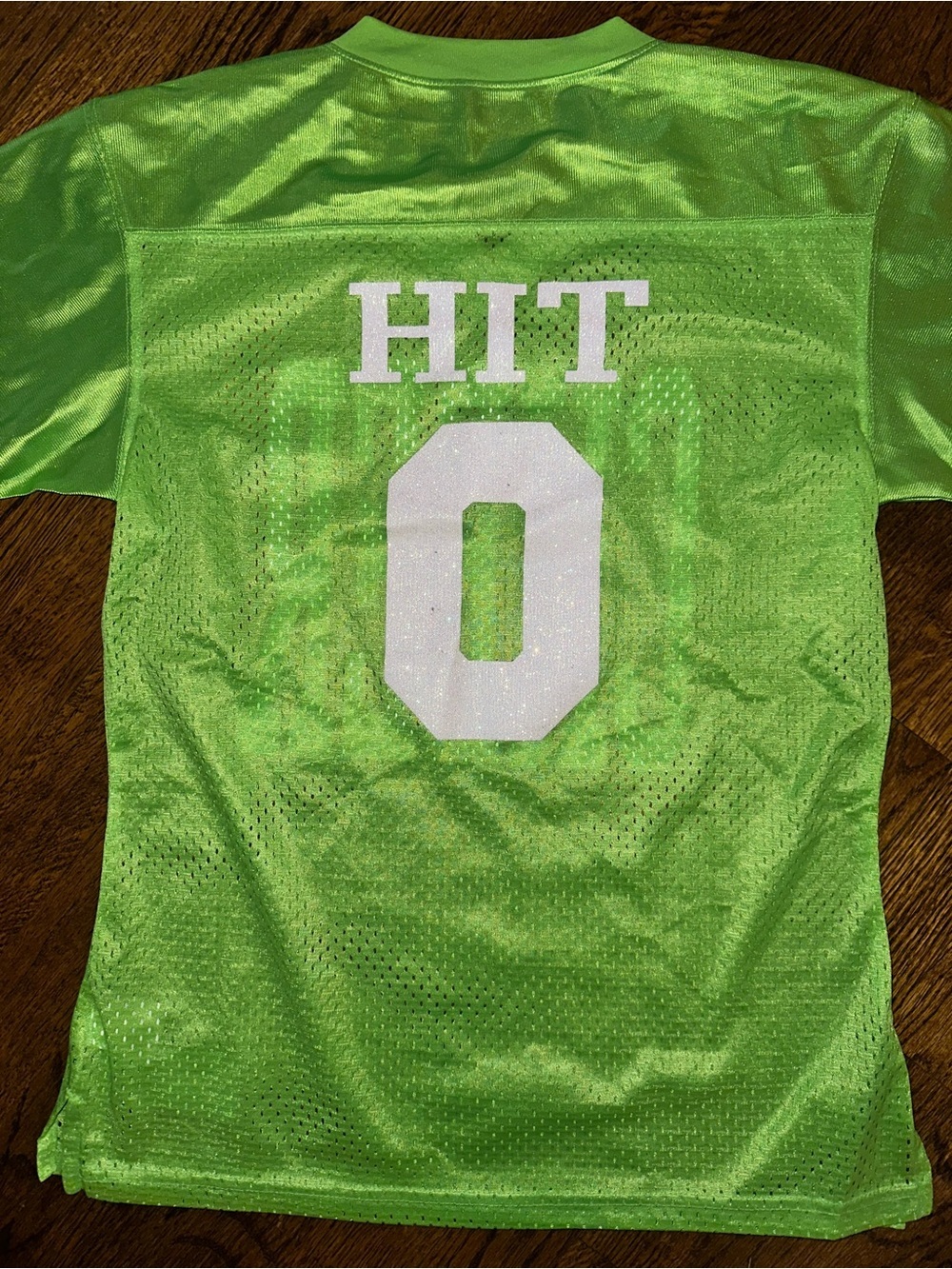 Soffe V-Neck Neon Green 'CHEER' Glitter Mesh Jersey Top - EUC Medium - Picture 6 of 6